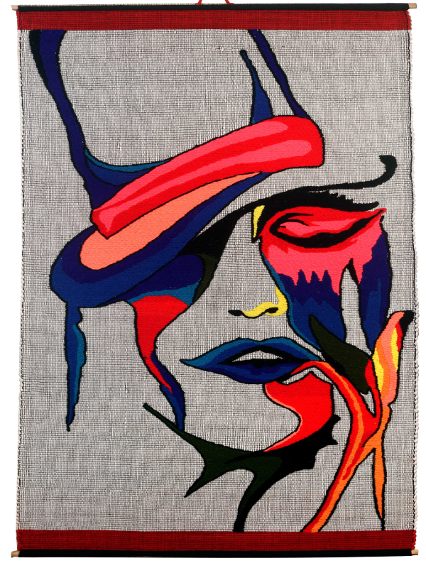 handloom portrait of painted face with hat